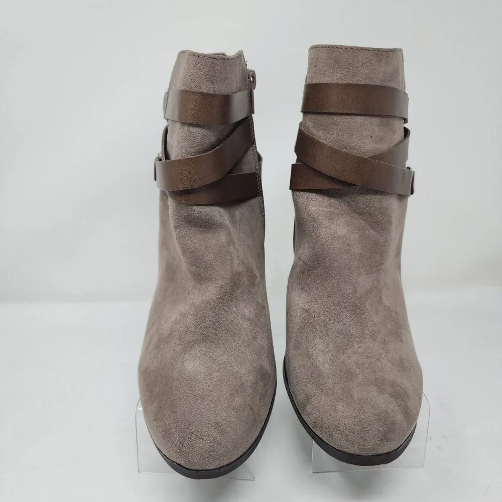 Material Girl Booties Womens 9.5 Brown Zip Straps Faux Suede Boots Block Shoes